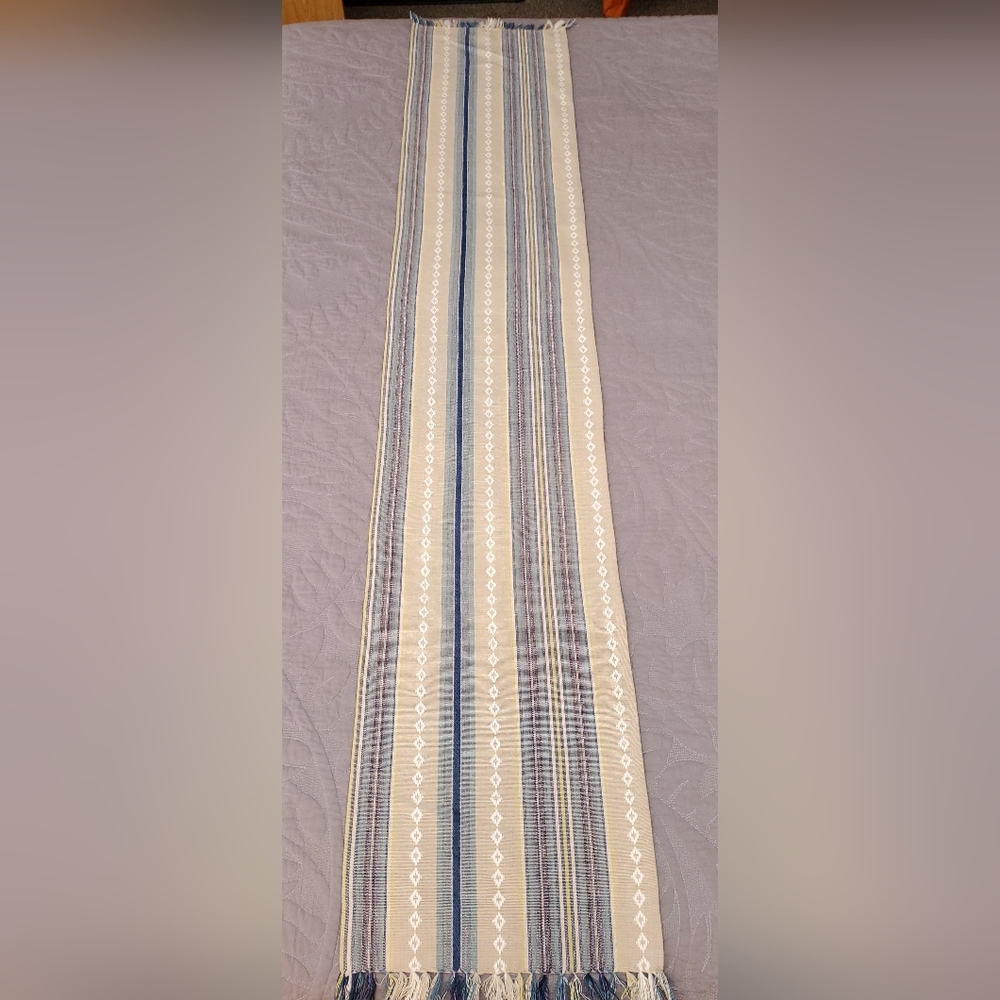 Primitive Artisan Hand Woven Table Runner Blue Tan Striped Fringe Farmhouse NWOT - Picture 2 of 6